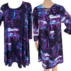 Nina Leonard Tie Back Purple Abstract Dress Print A Line L